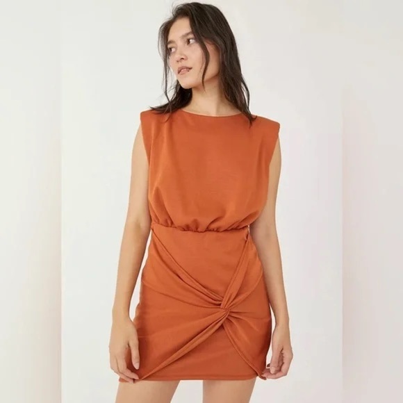 EUC FREE PEOPLE RUNAWAY KNIT MINI DRESS Burnt Orange Ruched Size XS or Small - Picture 1 of 11